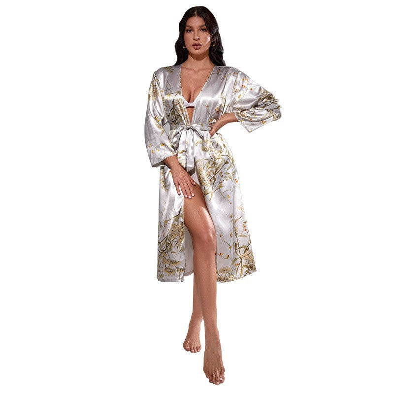 Wholesale Sexy Pajamas Thin Strap Nightgown Cardigan Printed  Long Sleeve Ice Silk